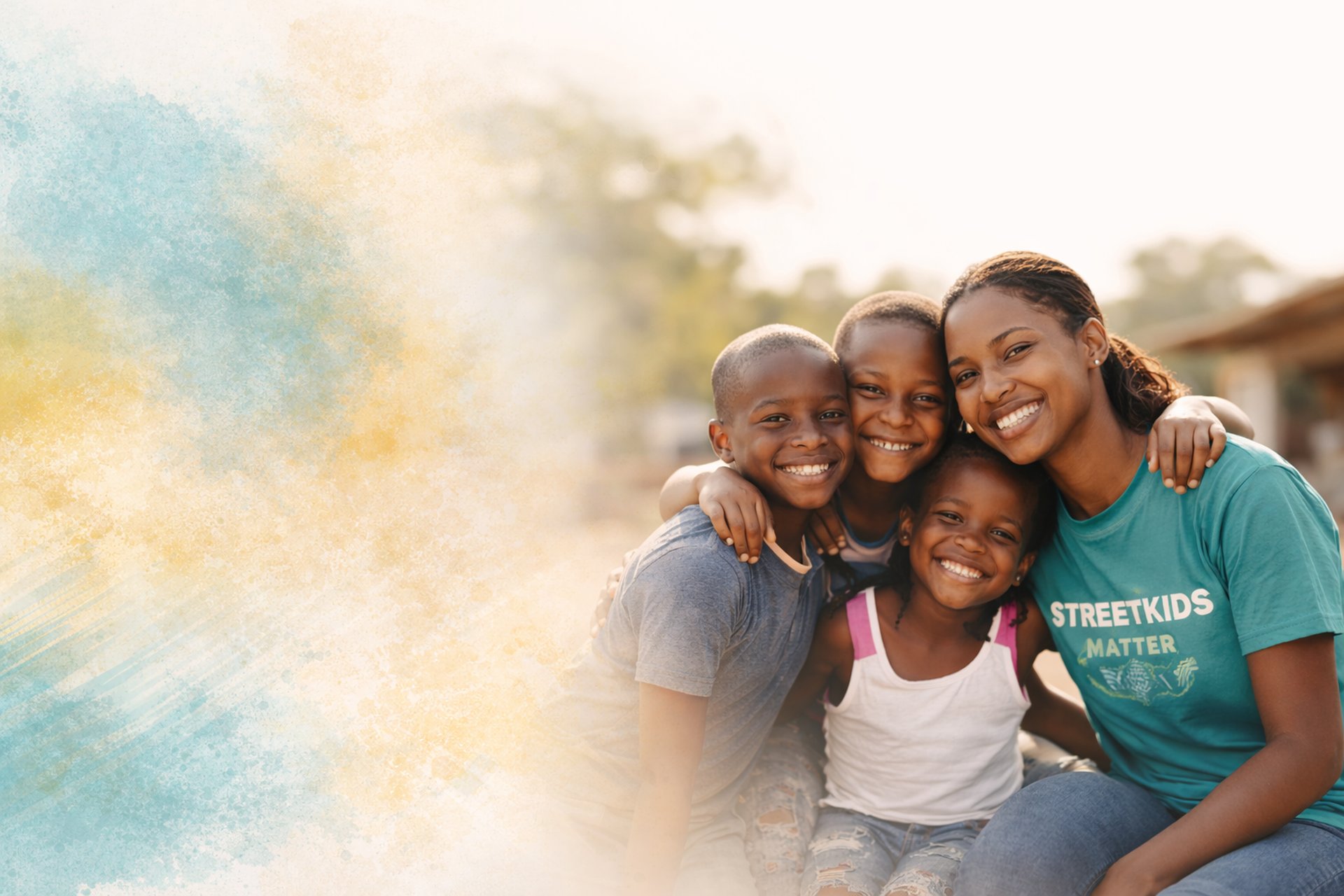 A warm scene showing a female volunteer with street children, smiling naturally outdoors with soft natural light